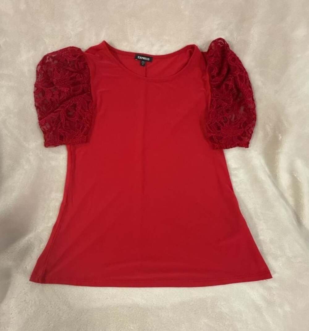 Express Lace Puff Sleeve Top Size S Red Crew Neck Blouse